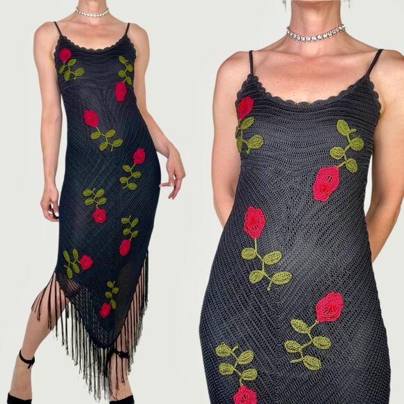 Cache Dresses & Skirts - Cache crochet beaded rose floral embroidered maxi dress cocktail fringe hem S